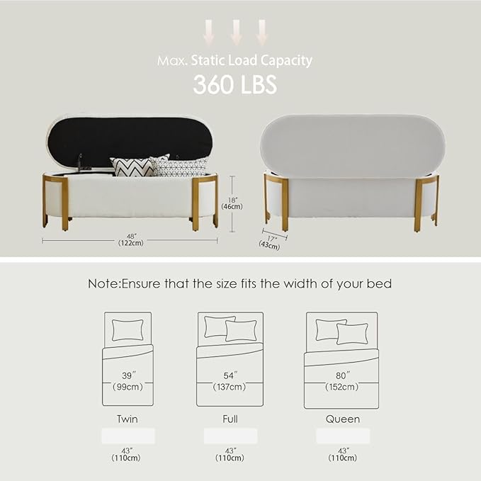 Hyfirm 4ft White and Gold Storage Ottoman Bench, 48 Inch Modern Upholstered Chenille Footrest with Padded Seat, Long Oval Stool for Bedroom, Living Room, End of Bed, Sofa Couch, Entryway, Hallway