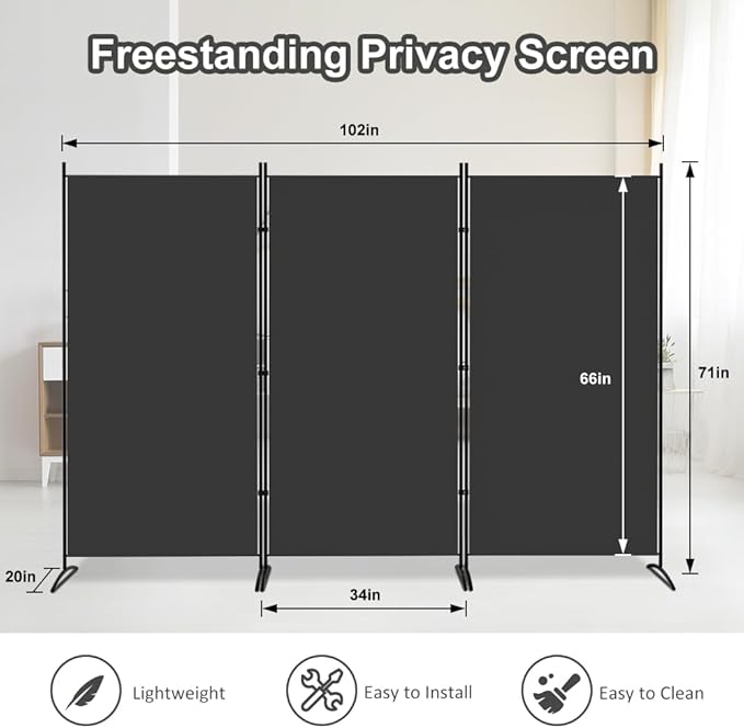 Kokorona 3 Panel Room Divider, 6FT Tall Folding Privacy Screen Wall Dividers, Portable Privacy Screen Freestanding Room Divider for Room Separation, Included - Cover Strips, Grey, 102''W x 71''H