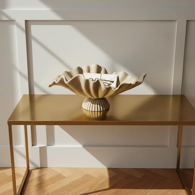 16" Large Decorative Bowl decor , Modern Home Decoration Scallop Bowl,Fashion Key Bowl for Entrance Table, Decorative Fruit Bowl for Kitchen Counter, Ruffle Decor, With Base, Artificial Stone Beige