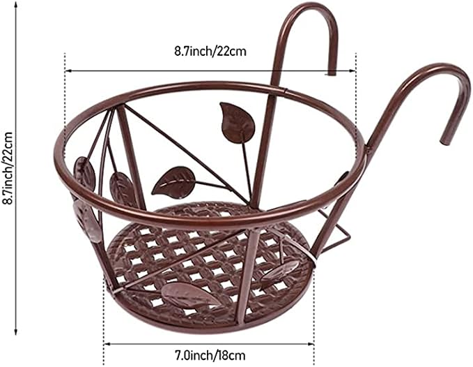 Iron Art Hanging Baskets Flower Pot Holder, Holder Plant Holder Over The Rail Metal Fence Planters for Patio Balcony Porch or Fence (1pcs Bronze Leaves)