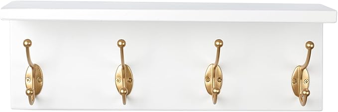SANY DAYO HOME Wall Mounted Pine Wood Coat Rack with Shelf and 4 Heavy Duty Two-Prong Hooks for Entryway, Kitchen, Bathroom, Bedroom, Laundry (16 x 5 x 4 inches, White and Gold)