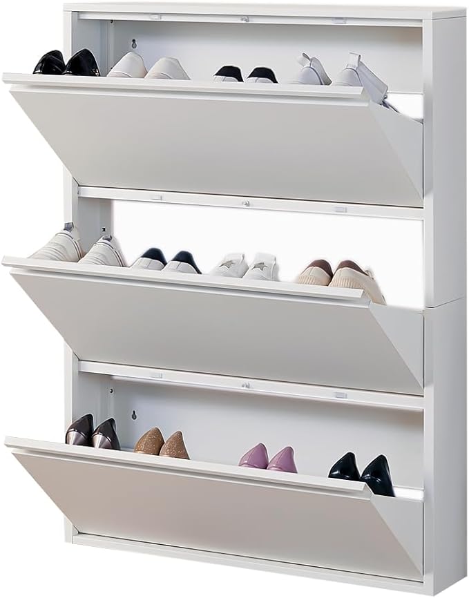 Shoe Storage Cabinet with 3 Flip Drawers, Hidden Slim Narrow Shoe Rack Cabinet, Wall Mount Metal Shoe Cabinet for Entryway, White