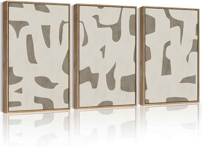 PHOPAGO Boho Mid-Century Modern Framed Wall Art 16x24in Geometric Neutral Wall Decor Bohemain Minimalist Artwork Home Office Dining Room Decor - Natural Framed