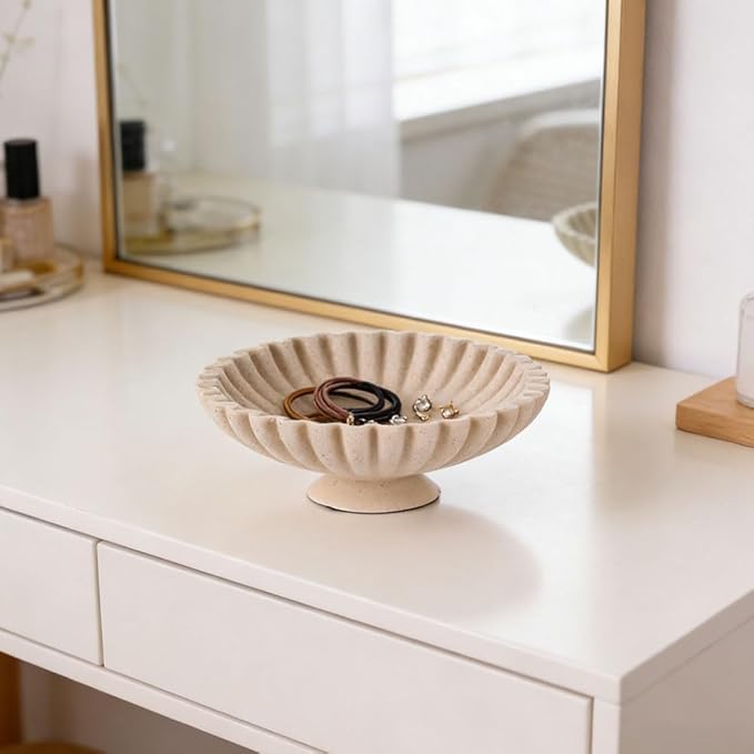 QIANLING Large Beige Decorative Pedestal Bowl - Modern Resin Handcrafted Decorative Fruit & Key Bowl for Home Decor, Entry Table, Kitchen Counter, Coffee Table, Side Table, Living Room Accent
