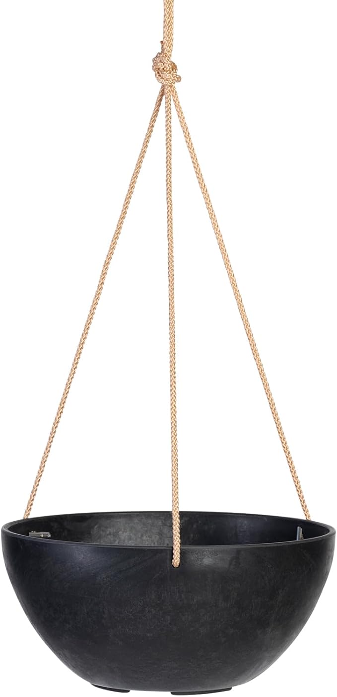 Root & Vessel Self Watering Hanging Planter for Indoor or Outdoor Plants, Unique Marbled Hanging Basket Made of Eco-Friendly Blend of Stone & Plastic, Black, 12"
