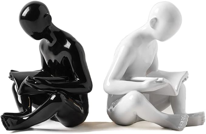 Porcelain Reading Bookends, Black and White Decorative Reading Books Statue and Sculpture, Modern Reading Figures Bookends for Home Office Table Desk Bookshelves Decor, 1Pair