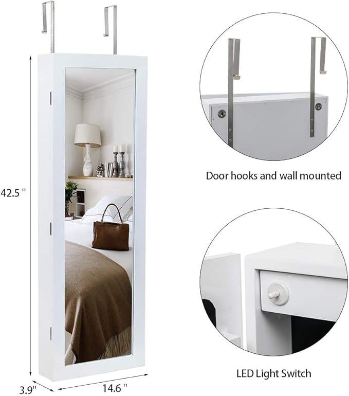 Jewelry Armoire Organizer,Non Full Mirror Wooden Wall Mounted 4-Layer Shelf Larger Capacity Jewelry Storage Mirror Cabinet,White (with 2 Drawers 8 Blue LED Lights)