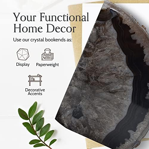 Nature's Decorations Black Agate Bookends – A+ Grade Geode Heavy Duty Decorative Stone Crystal Book Ends for Shelves & Bookcases, Natural Polished Bookshelf Decor, 1 Pair 4-6Lbs