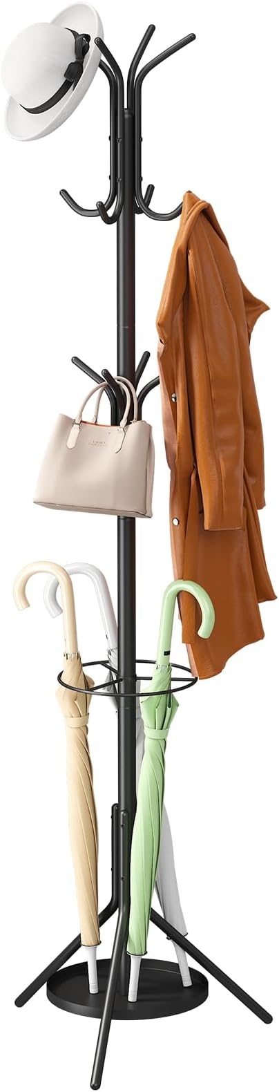 Coat Rack Freestanding,Entryway Hanger Stand,Umbrella Holder,Hall Tree With 12 Hooks, Floor Standing Metal Tree Stand,Black