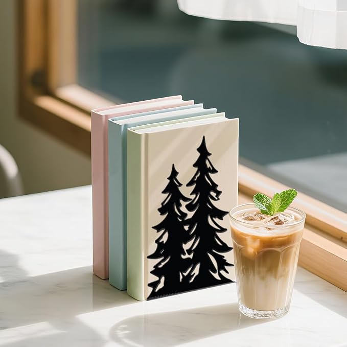 WADORN 1 Pair Pine Tree Metal Decorative Bookend for Shelves, Heavy Duty Book Ends Modern Non-Skid Books Holder Stand Black Book Support Stoppers for Desk Bookshelf Office Home, 5.3x4.3x7.9 Inches
