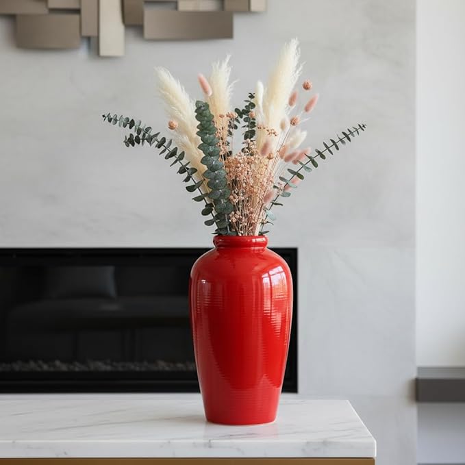 Red Ceramic Vase for Home Decor - 11 Inch Tall Modern Decorative Vase for Centerpieces, Boho Flower Vase for Pampas Grass, Christmas, Living Room, Kitchen, Fireplace, Entryway, Shelf Decor