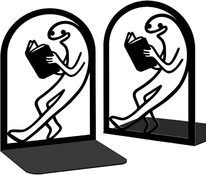 Black Metal Bookends for Shelves Decor Humorous Figure Cute Heavy Duty Bookends for Book Supports, Unique Book Stopper for Office Book Holder Shelf Accessories 1 Pair/2 PCS