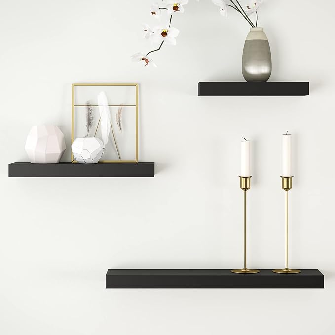 Ballucci Modern Floating Wall Shelves, Set of 3 Wood Wall Mount Ledges for Living Room, Bedroom, Nursery, Bathroom, Kitchen, Office; 12", 16", 24" - Black