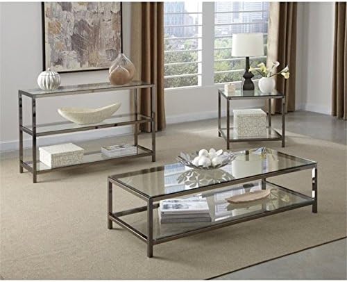 BOWERY HILL Contemporary Rectangular Metal End Table, Black Nickel Finish, Glass Top and Shelf, 23" x 24" x 26", Modern Glam Design for Living Room Storage and Display
