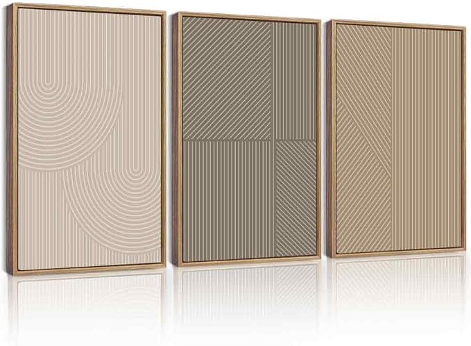 KUVIOKE Minimalist Abstract Bohemian Framed Wall Art Modern Boho Neutral Line Wall Decor Geometric Artwork Bedroom Dining Room 16x24in (Natural Framed)