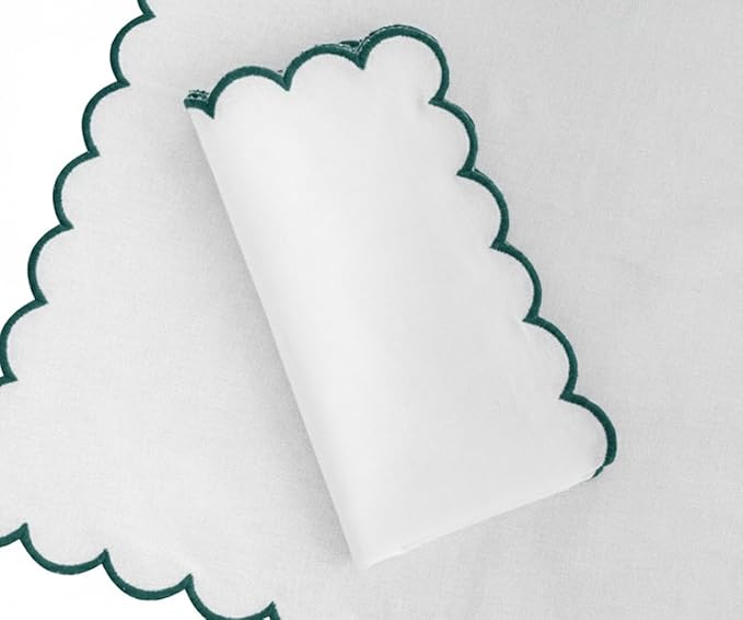 Green and White Napkins, 100% Cotton Embroidered Dinner Napkins Set of 4, Wavy Edge Napkin, Reusable Napkins Cloth, Washable Green Table Napkins for Wedding, Party & Home Décor 18x18