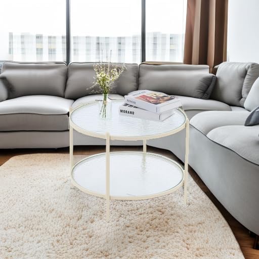 VINGLI 25.6" Small Cream White Round Coffee Table Water-Wave Glass Circle Clear Coffee Table, Center Table with 2-Tier Modern Storage Design for Living Room, Bedroom, Meeting Room, Balcony, Beige