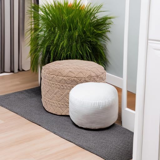 Poofieotto Round Ottoman Stuffed 20x12 Inches Floor Pouf Chair for Living Room Bedroom Modern Foam Pouf Ottoman Foot Rest for Couch Home Décor Pouffe (Light Coffee Pouf with Filler)