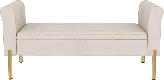 Alunaune Upholstered Storage Bench for Bedroom End of Bench Ottoman, Modern Armed Entryway Bench Settee Long Bedroom Bench Couch for Living Room-Beige