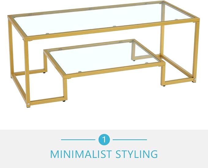 Golden Metal Glass Coffee Table - Two-Tiered with Tempered Glass, Stylish Metal Frame Coffee Table for Bedroom, Dining Room, Office Room.