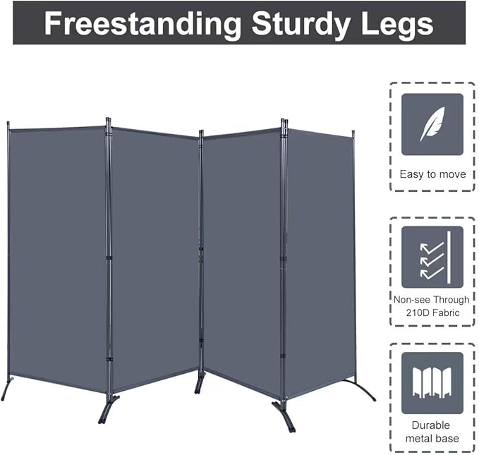 Room Divider, Portable Room Dividers, Convenient Movable (4-Panel), Folding Partition Privacy Screen for Bedroom,Dining Room, Study,136" W x 19.7" D x 71.3" H, Grey