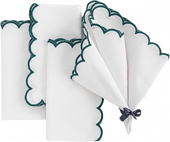 Green and White Napkins, 100% Cotton Embroidered Dinner Napkins Set of 4, Wavy Edge Napkin, Reusable Napkins Cloth, Washable Green Table Napkins for Wedding, Party & Home Décor 18x18
