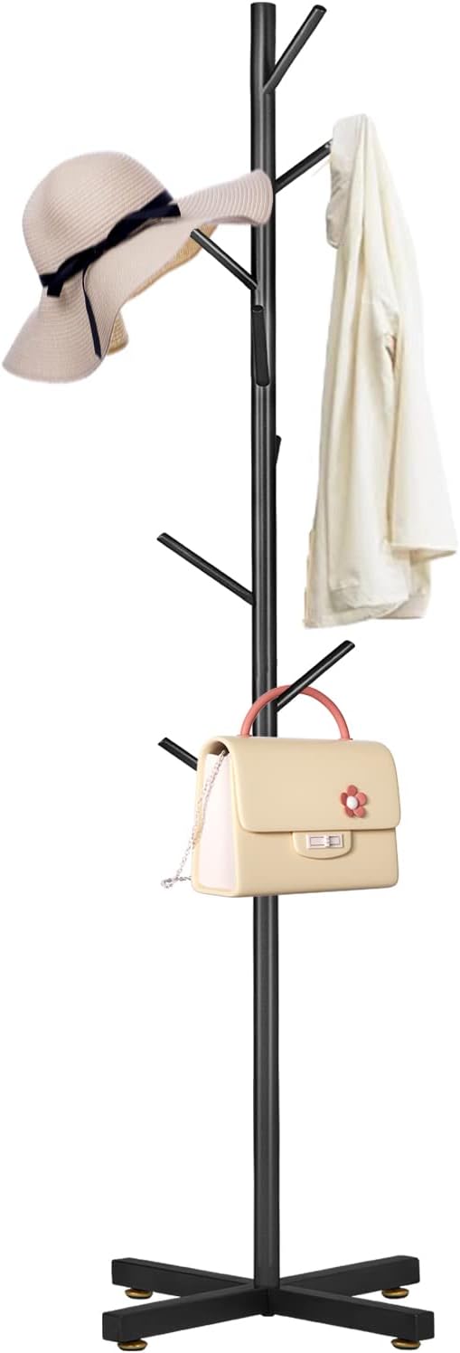Snaikor Metal Coat Rack, Modern Coat Rack Freestanding, Sturdy Coat Tree Stand with Cross Base, Black Coat Racks Hall Tree for Clothes Jacket Hat Bag Entryway