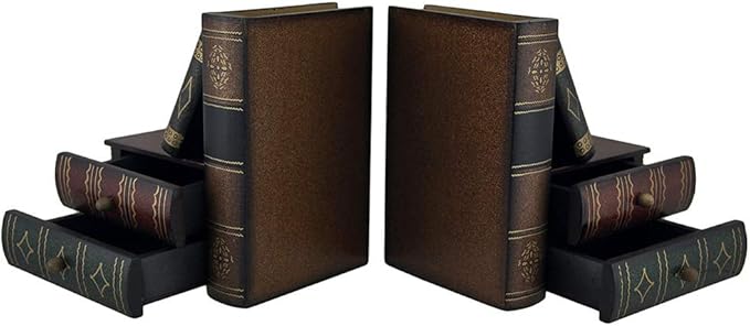 Bellaa Classic Wooden Book Bookends Library Hidden Drawers Vintage Cool Creative Unique Decorative Books Support Shelves Desk Organizer