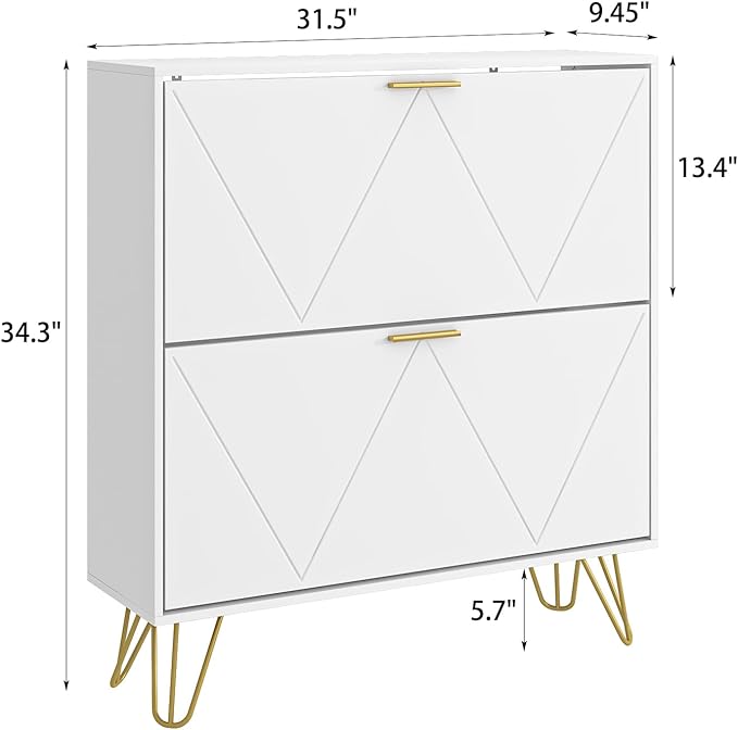 LYNSOM Shoe Cabinet with 2 Flip Drawers, Shoe Cabinet Storage for Entryway, White Shoe Storage Cabinet, Slim Wooden Freestanding Shoe Rack, Shoe Organizer with Fluted Panel for Hallway