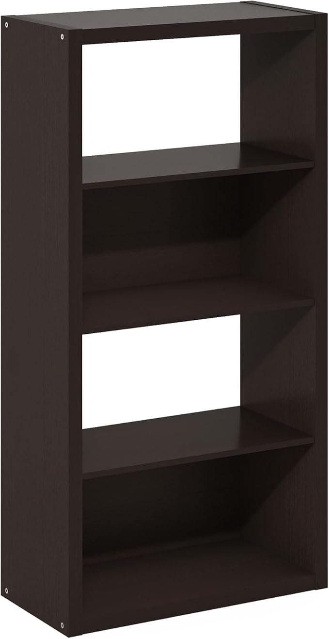 Furinno Viola Book Shelf, 4-Tier Bookshelf, Extra Thick Frame Bookcase with Open Shelf, Open Back Design, 11.3" x 23.2" x 45.4", for Living Room, Bedroom, Home Office, Black Dark Oak