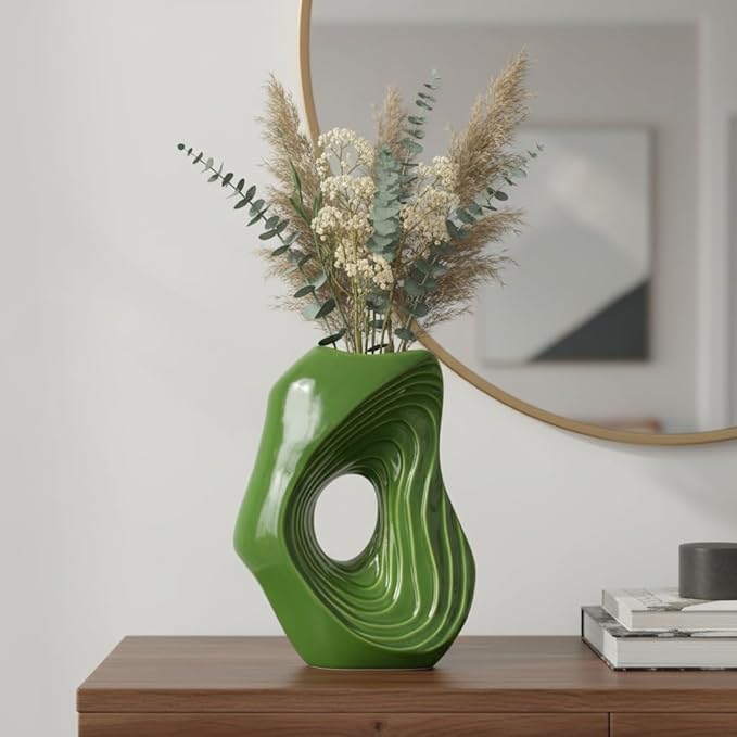 Sunddo Donut Green Ceramic Vase for Home Decor, 11 Inch Tall Modern Flower Vase for Pampas Grass, Unique Decoration Vases for Living Room, Shelf, Entryway, Fireplace Mantel, Console Decor