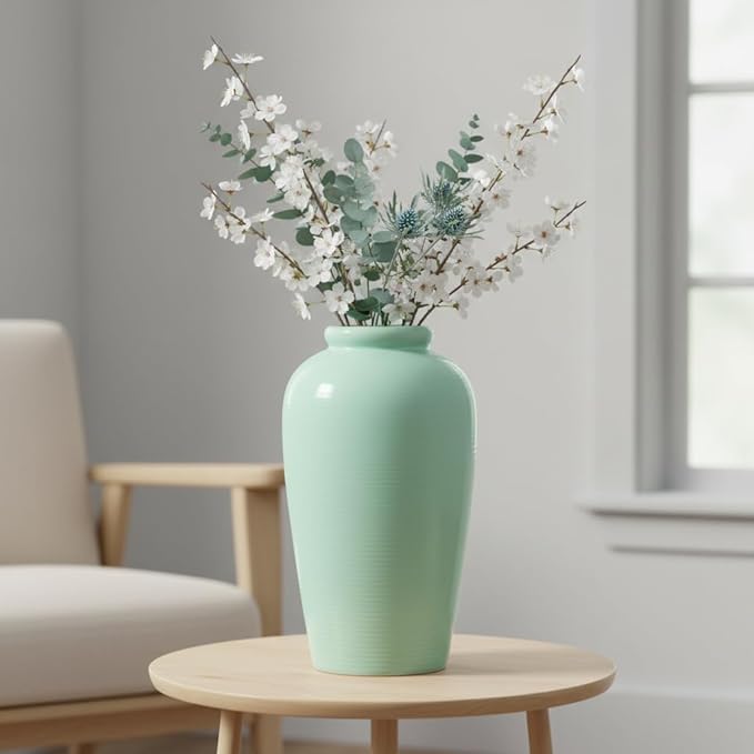 Green Ceramic Vase - 11 Inch Tall Modern Decorative Flower Vase for Living Room, Pottery Centerpiece Vases Home Decor, Eucalyptus, Mantel Decor, Side Table, Kitchen Decoration