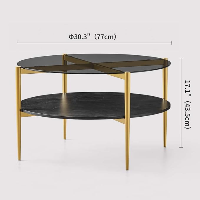 LumFurn Round Coffee Table for Living Room, Mid-Century Modern Design, D30 x H17, 2-Tier Structure, Grey Glass Top and Black Marble Finish Wood Shelf, Sleek Conical Metal Legs with Gold Finish Frame