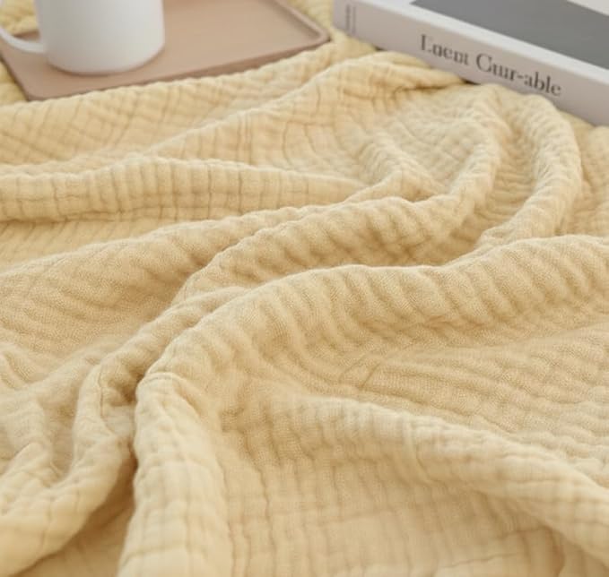 KyraHome 100% Organic Cotton Muslin Blankets for Adults, Large 60"x80", Plant Dyed, Lightweight Breathable Gauze Throw Blanket for Couch, Picnic, Summer All Season (Shortbread/Creamy)
