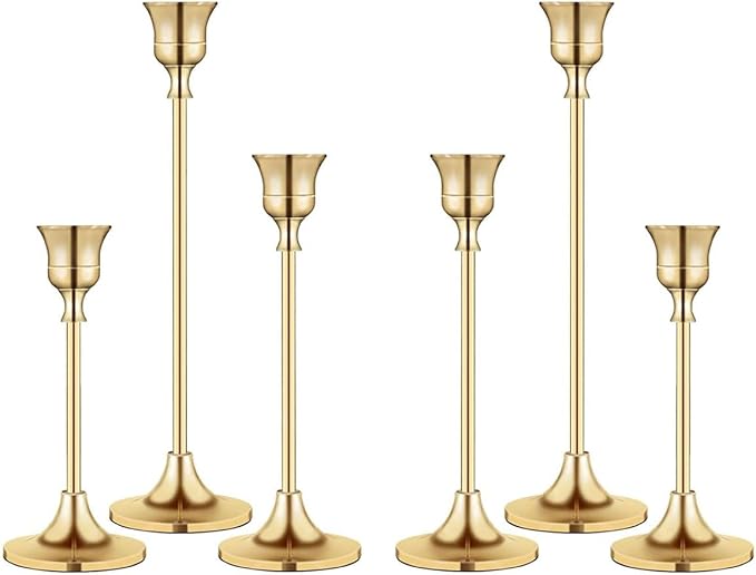 Set of 6 Metal Candle Holders for Taper Candles, 3 Sizes Decorative Candlestick Holders for Table Centerpiece, Wedding, Dinner Party, Home Decor (Gold)