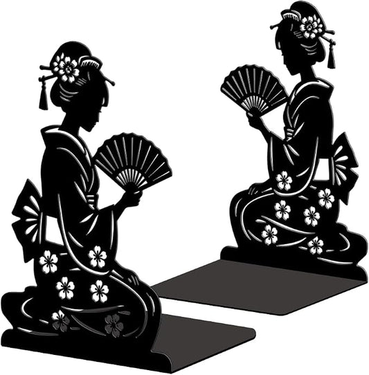 Peacoblue Metal Bookends for Shelves, Modern Decorative Heavy Duty Study Book Ends Stoppers for Office, Desk, Shelf, Room 5.3"x4.3"x7.9" Cast Iron Simple Tall Bookends 1 Pair (Geisha in Kimono)