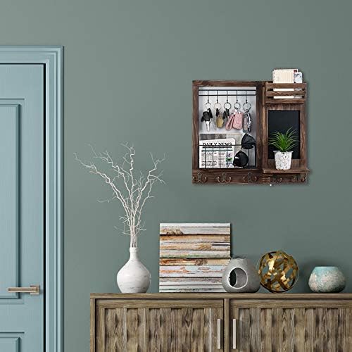 Key Holder for Wall, Mail Organizer Wall Mount with 5 Hooks and Shelf, Home Decorative with 5 Double Hooks and Chalkboard for Home Coat/Letter/Dog Leash/Entryway/Hallway/Living Room Decor