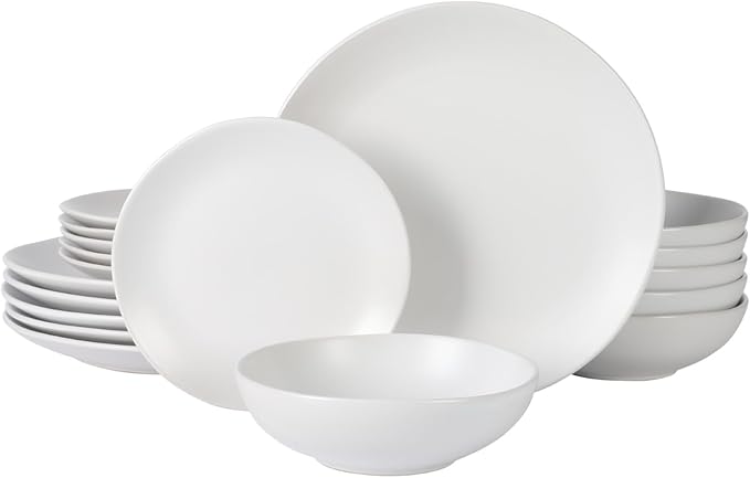 Gibson Home Bethel 18 Piece Plates and Bowls Ceramic Stoneware Organic Shape Dinnerware Set (Service for 6) - Matte White