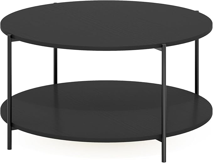 Furinno BESI Coffee Table, 2-Tier Round Modern Coffee Table with Metal Legs, Metal Frame Side Table with Open Shelf, for Living Room, Bedroom, Home Office, Americano