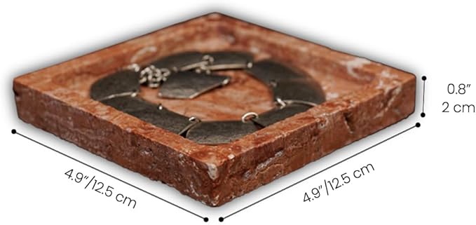 Natural Travertine Marble Square Jewelry Tray, 4.9" – Decorative Stone Accessory Dish for Rings, Earrings, Necklaces, Perfume and Keys, Gift for Women (Red)