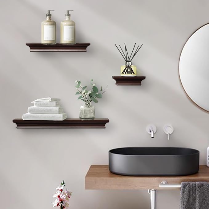AHDECOR Modern Storage Floating Shelves, Perfect for Enhancing Decor and Organization in Any Room, Espresso Brown, Set of 3