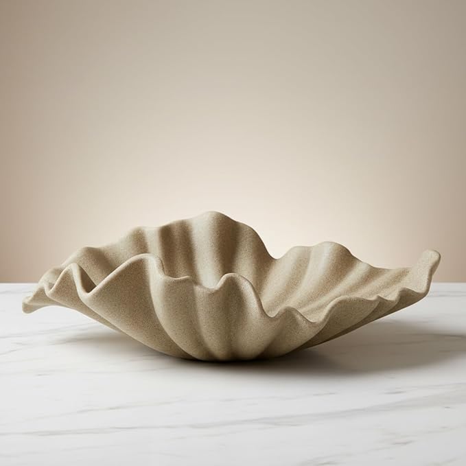 16" Large Decorative Bowl decor, Modern Home Decoration Scallop Bowl,Fashion Key Bowl for Entrance Table, Decorative Fruit Bowl for Kitchen Counter, Ruffle Decor, Artificial Stone Beige