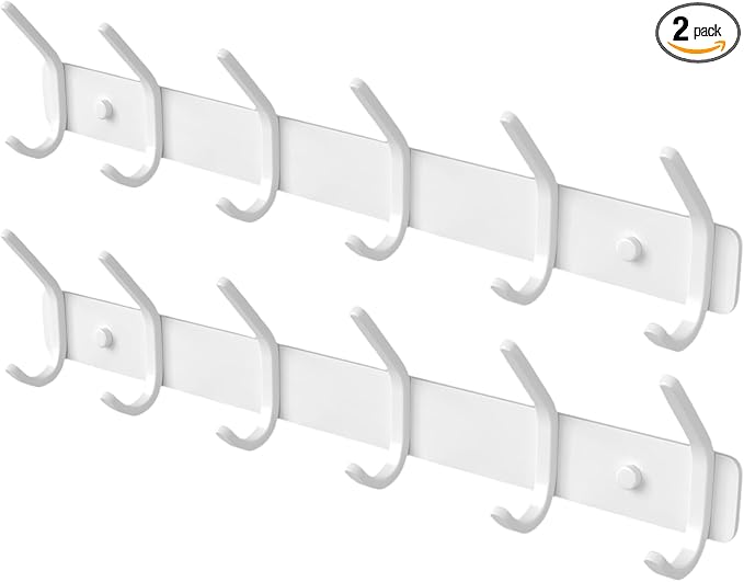 GWAAZXGZ Coat Rack Wall Mount Hooks - 15 Inch Matte White Metal 6-Hook Organizer Wall Mounted, Modern Kids Room, Entryway & Bathroom Hanger for Beach Towels, Coats, Purses, Bags (2 Pack)