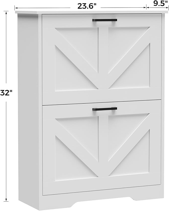 Homleke Farmhouse Shoe Cabinet for Entryway with Barn-Style Flip Drawers, Narrow Shoe Storage Organizer with Top Display Shelf, Adjustable Shelves, Shoe Rack for Hallway, Closet- (White, 24")
