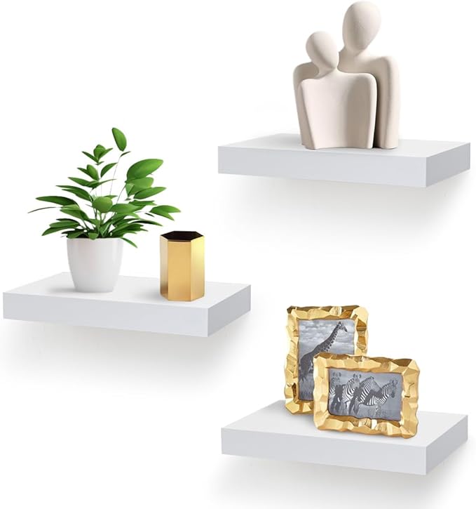AHDECOR White Floating Shelves Set of 3 - Modern Wall Mounted Shelves for Living Room, Bedroom, Bathroom, Kitchen, Office - Space-Saving and Decorative Storage Solution