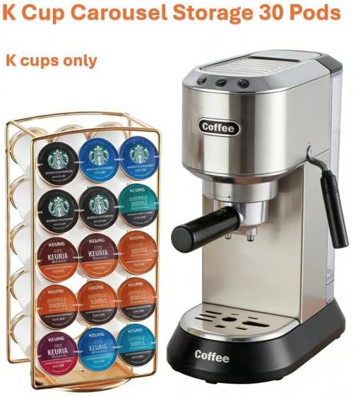 Alessia Cara Tabletop K Cup Holder, Coffee Pod Stand Holder, K-Cups Capsule Storage Rack for 30 pods, 360 degrees rotatable, No Assembly Required, Gold