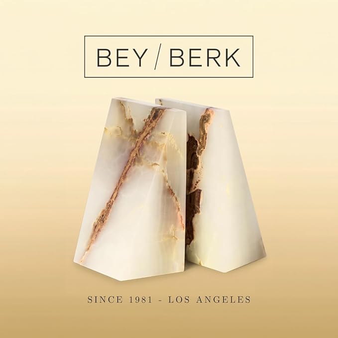 Bey-Berk White Triangular Onyx Marble Bookends - Heavy-Duty Wedge Design, Modern Office and Bookshelf Organizer