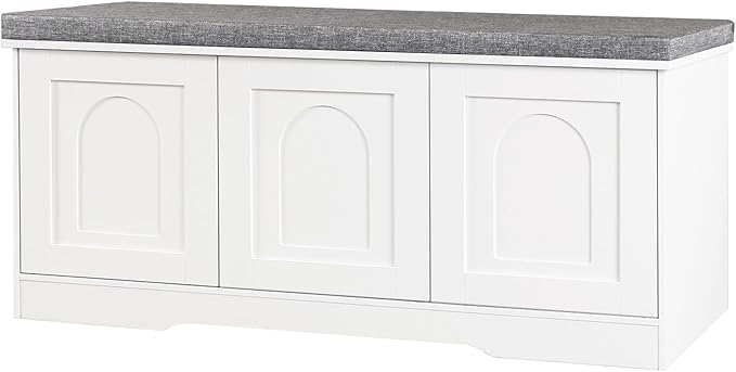 DINZI LVJ Shoe Bench, Entryway Storage Bench with Doors, Cushion, 2-Tier Shoe Rack with 6-Cubby, 39.4”L x 13.8”W Shoe Organizer Cabinet, Adjustable Shelf, Living Room, Bedroom, White
