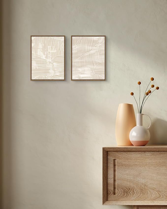ARTZIO Framed Canvas Wall Art–Abstract Mid‑Century Minimalist Boho Vintage Set of 2 Beige Prints,Ready to Hang for Living Room,Bedroom, Bathroom & Office–12×16″