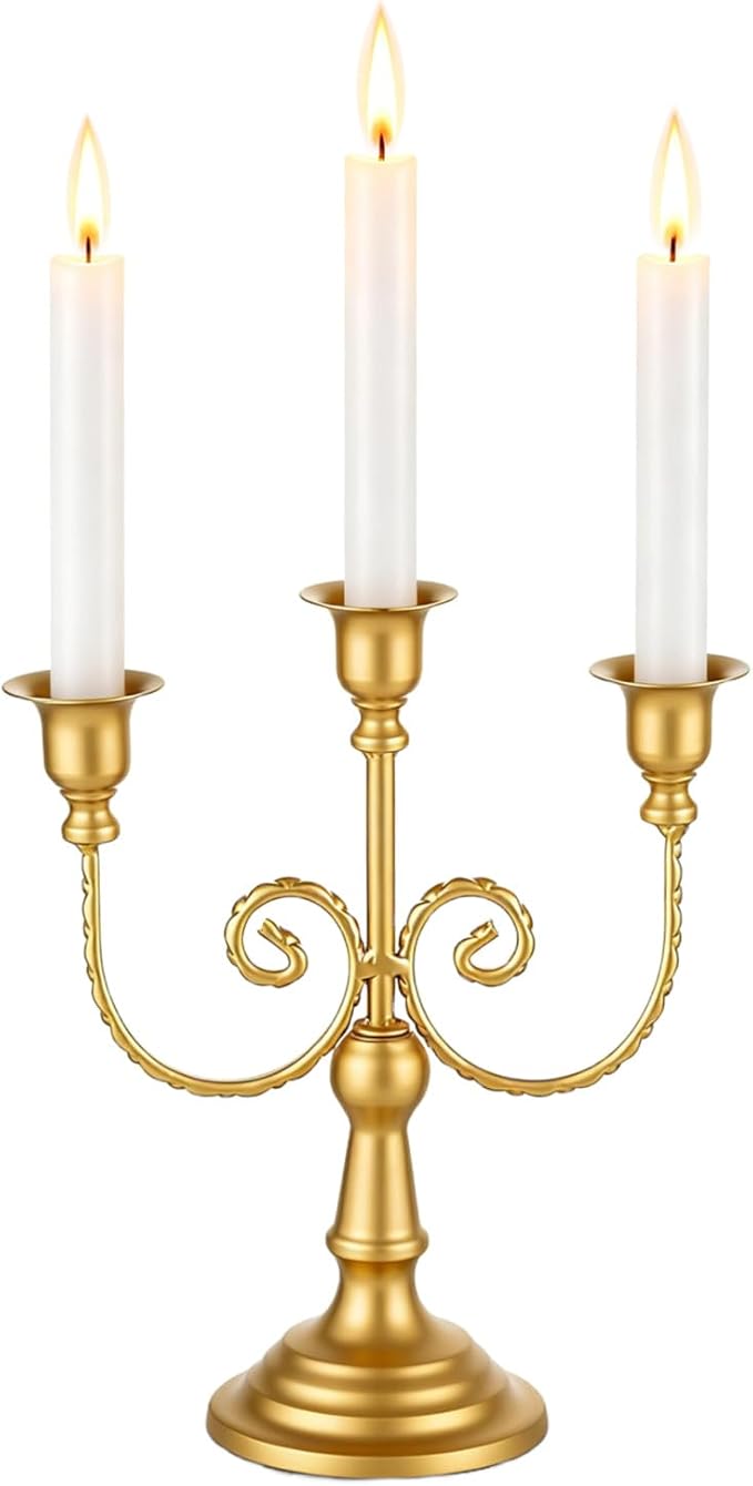 3 Arms Metal Candelabra Gold Candle Holder Vintage Modern Decorative Centerpiece Candlestick Holders for Table Wedding Halloween Christmas Party (1, Gold)
